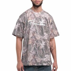 Primitive Skateboarding Mens 2XL Camo Leaf Print Script Logo T-Shirt Brown Tan‎
